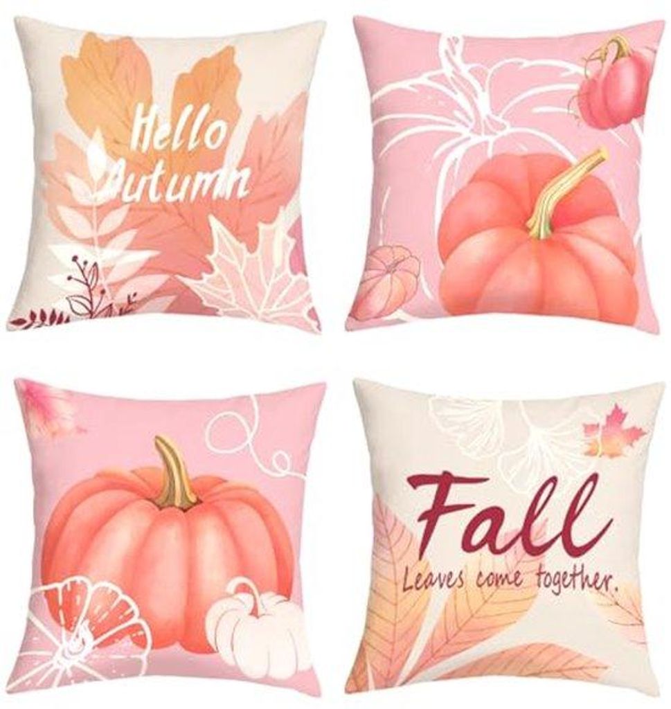 Ultiluxe Kissenhüllen - 4er Set - Dekokissenbezüge - 45 x 45 cm - Samtstoff - Kürbis Herbst Print - Rosa/Orange