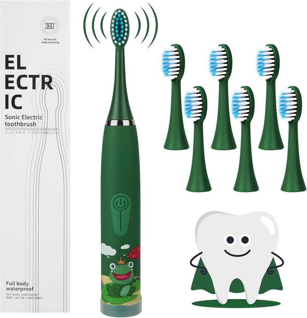 Elektrische Zahnbürste ,Kinderzahnbürste ab 5 Jahre, 6 weiche Ersatzbürstenköpfen, 2 Minuten Smart Timer, Wasserdicht IPX6, für Empfindliche B...