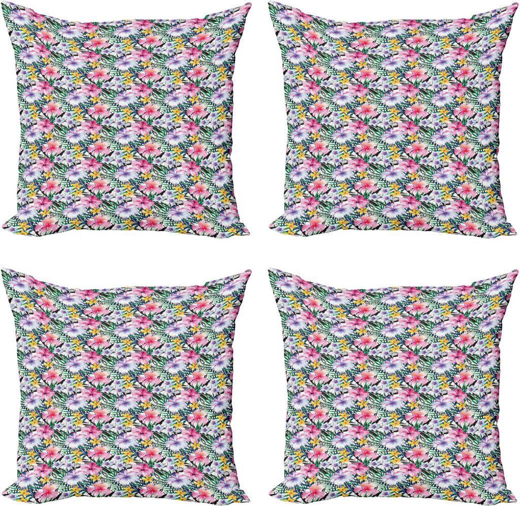 ABAKUHAUS hawaiisch Kissenbezug Set (4 Stück), Tropic Hibiscus Plumeria, Moderner Doppelseitiger Digitaldruck, 60 cm x 60 cm, Mehrfarbig