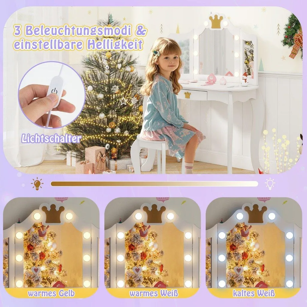 Coiffeuse fille avec miroir triptyque et lumières LED pour chambre