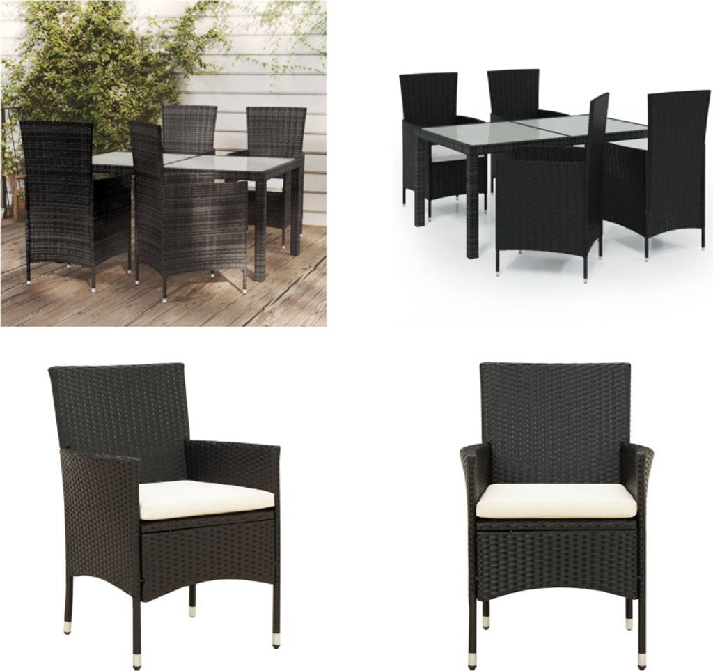 vidaXL 5 tlg. Garten Essgruppe mit Kissen Poly Rattan Schwarz - Garten-Essgruppe - Garten-Essgruppen - Outdoor Essgruppe - Terrassen-Essgruppe