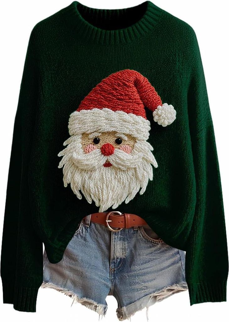 ASKSA Damen Weihnachtspullover,Strickpullover Rundhals Pulli Sweater Herbst Winter Warm Strickpulli Weihnachtspulli (D-Dunkelgruen,XXL)