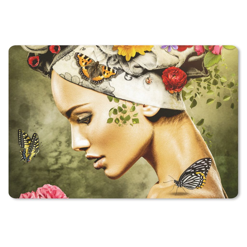MuchoWow Schreibtischunterlage Frau - Blumen - Farben - Schmetterlinge - Rosen - Kopftuch 60x40 cm - XXL Mauspad - Großes Mauspad