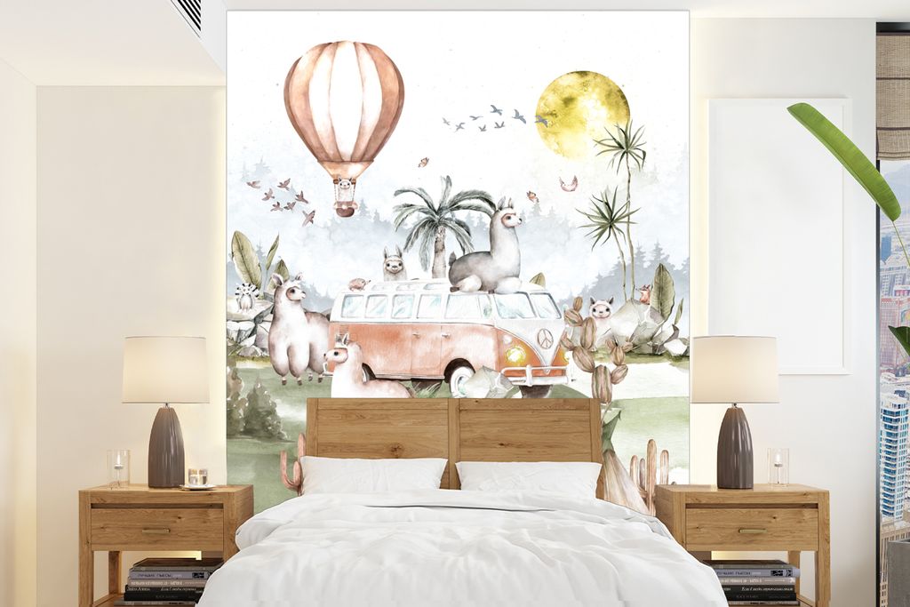 MuchoWow Fototapete für Wohnzimmer oder Schlafzimmer Wandtapete Vinyl Motivtapete Alpaka - Tiere - Kinder - Heißluftballon - Kinder - 190x260 c...