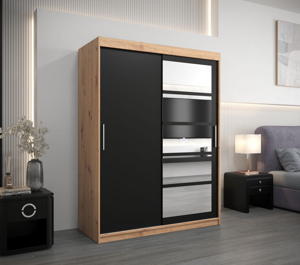 Kleiderschrank mit Spiegeln CLEOPATRA – Breite 150 cm, Eiche handwerklich gefertigt / schwarz