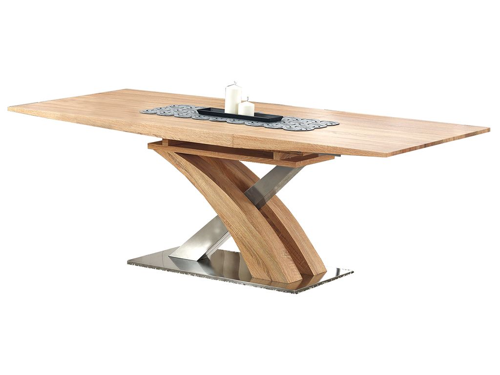 A dining table with a wooden top and a metal and wood base, set against a white background.