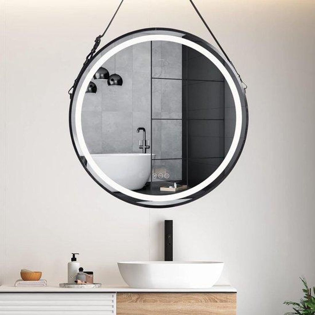 Aluminium Badkamerspiegel 80 cm diameter mit Licht und Haken - schwarz - energieeffizient - wasserdicht - dimmbar
