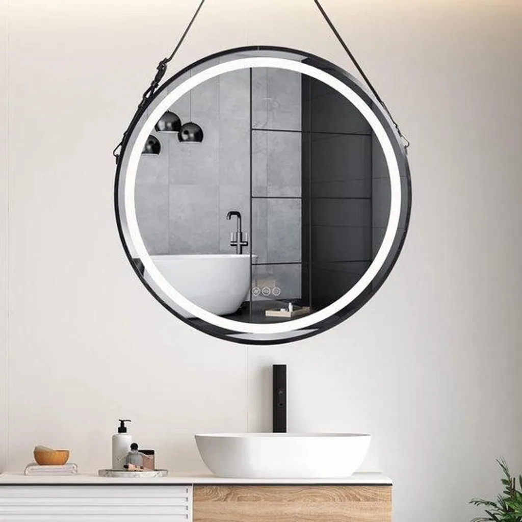 Miroir rétroéclairé noir 80 cm rond en aluminium pour salle de bain chic