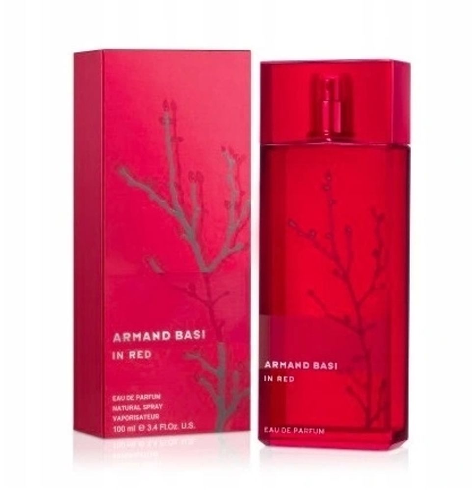 A red box and bottle of Armand Basi In Red perfume are displayed against a white background.