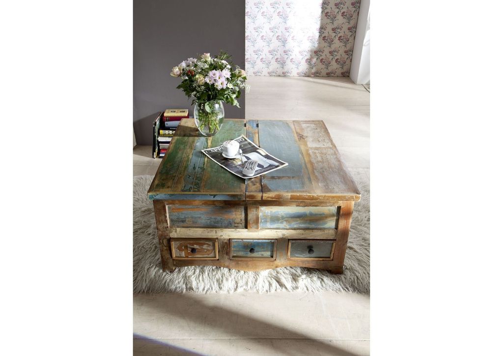 MASSIVMOEBEL24 Couchtisch Altholz 100x100x50 mehrfarbig lackiert NATURE OF SPIRIT #62