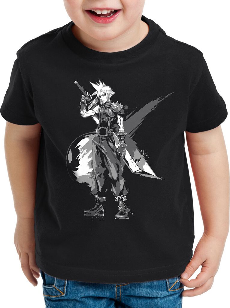 style3 Cloud Strife T-Shirt für Kinder final 7 VII chocobo sephiroth, Farbe:Schwarz, Größe:152
