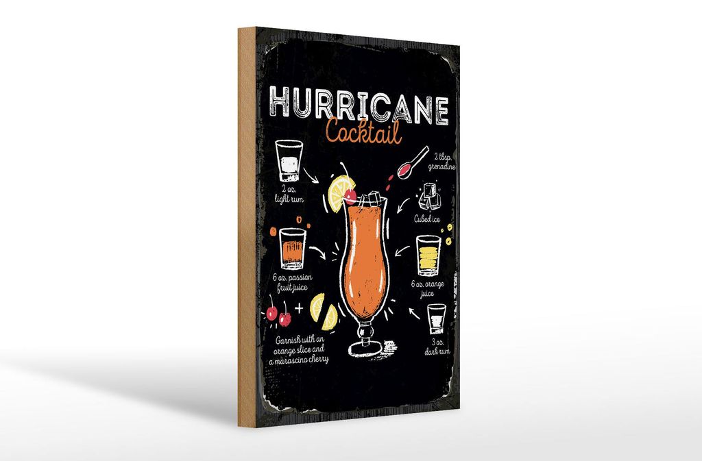 Holzschild Rezept Hurricane Cocktail Recipe 20x30cm Geschenk