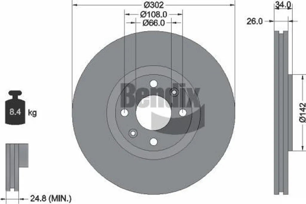 Disque de frein avant BENDIX BDS1097 pour Citroën C4 et Peugeot 3008 307