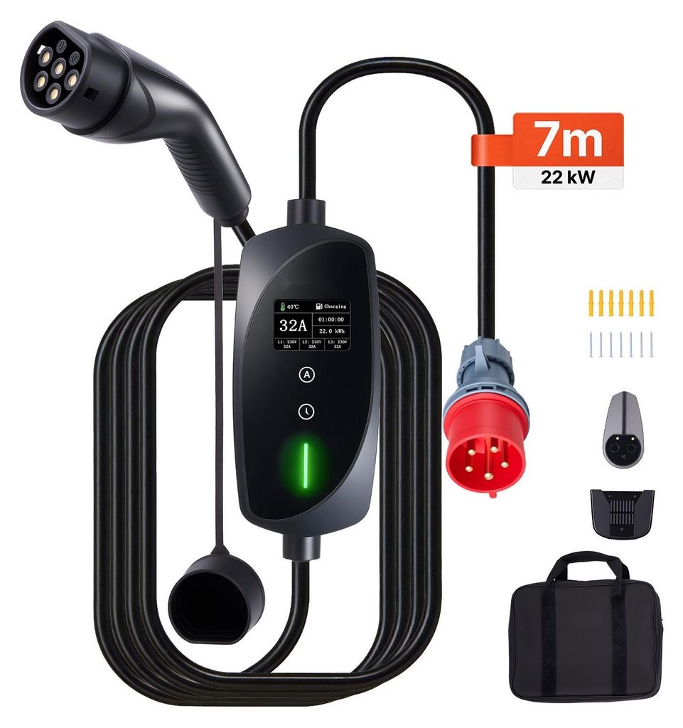 Mobile Wallbox für Elektroauto - Typ 2 Ladestation - 22 kW - 32 A - 3-phasig - 7 m Ladekabel - CEE 32A Stecker - IP66 Schutzart