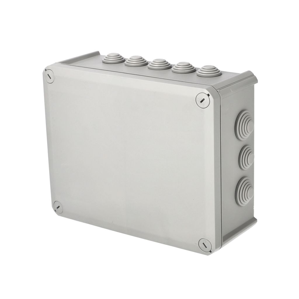 Aufputz-Abzweigdose IP-geschützt mit Kabelverschraubungen, Deckel verschraubt, 240x190x95mm, IP66, grau, EDO777774, EDO Technic