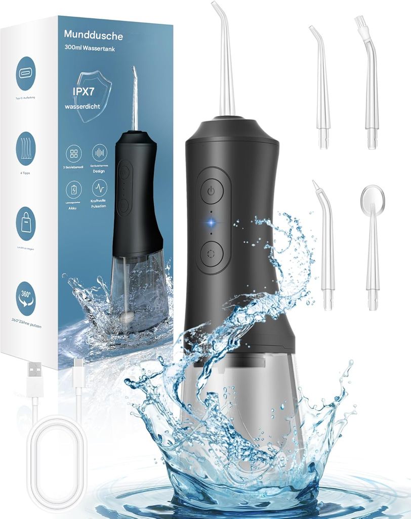 Munddusche mit Wasser, 300 ml, IPX7-wasserdichter Munddusche, 3 Modi, 4 austauschbare Düsenspitzen, professionelle Zahnseide-Reinigungsstäbchen