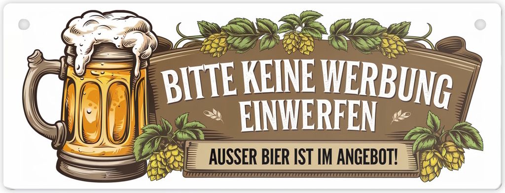 Bitte keine Werbung einwerfen! Ausser Bier ist im Angebot! Metallschild