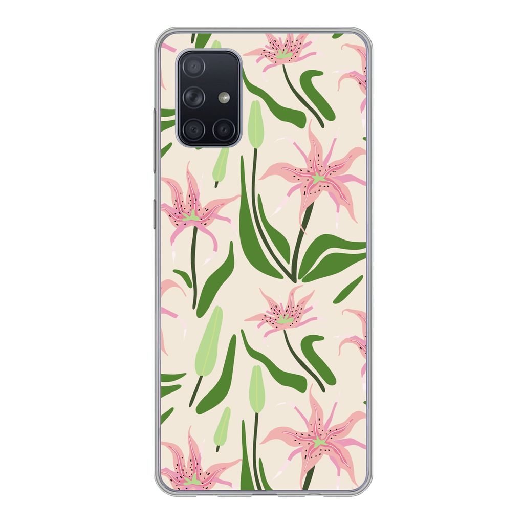 MuchoWow Handyhülle Schutzhülle Hülle für Samsung Galaxy A51 Blume - Rosa - Blatt Silikon Softcase Handy Hülle - Schutzabdeckung