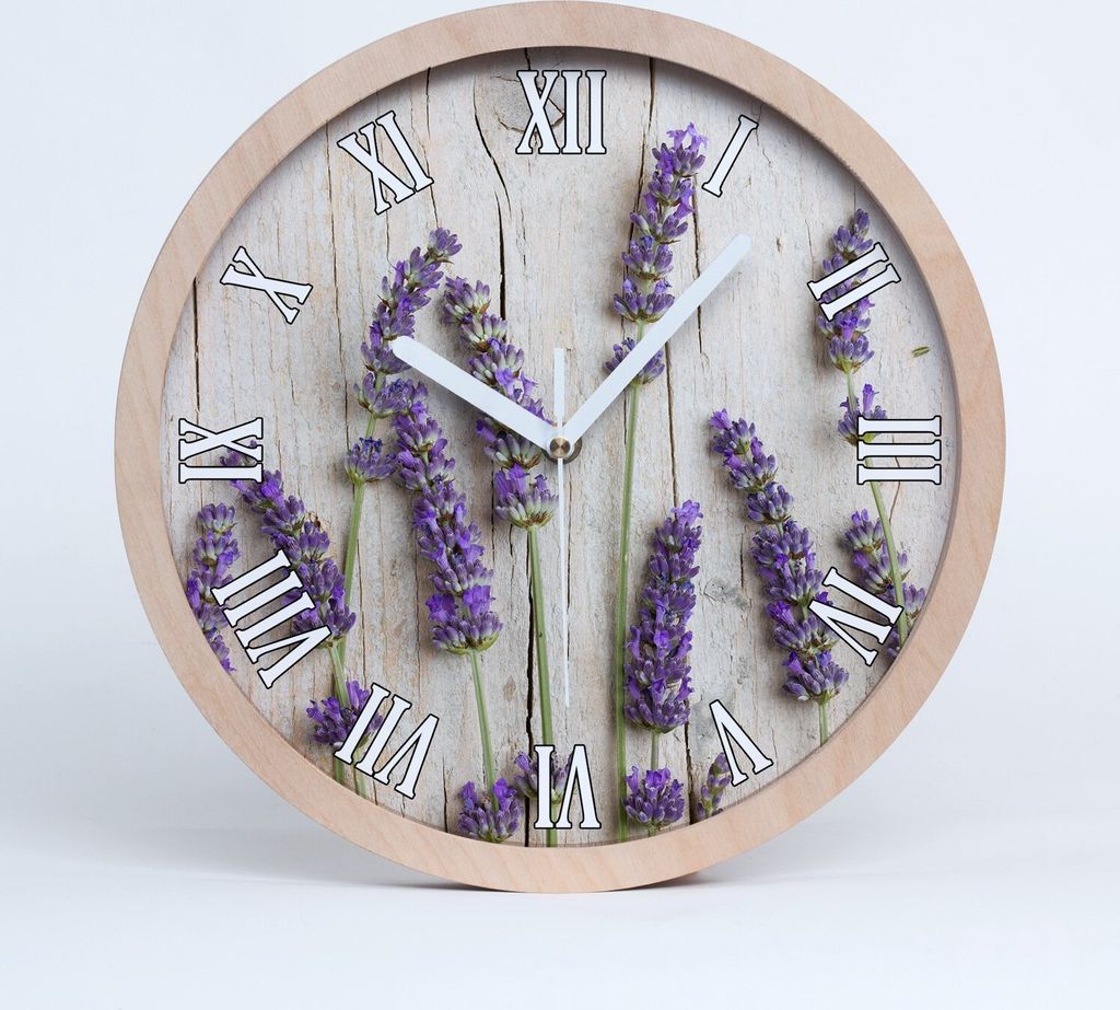 Holzuhr 25fi cm wanduhr - weiße Spitzen - Lavendel auf Holz