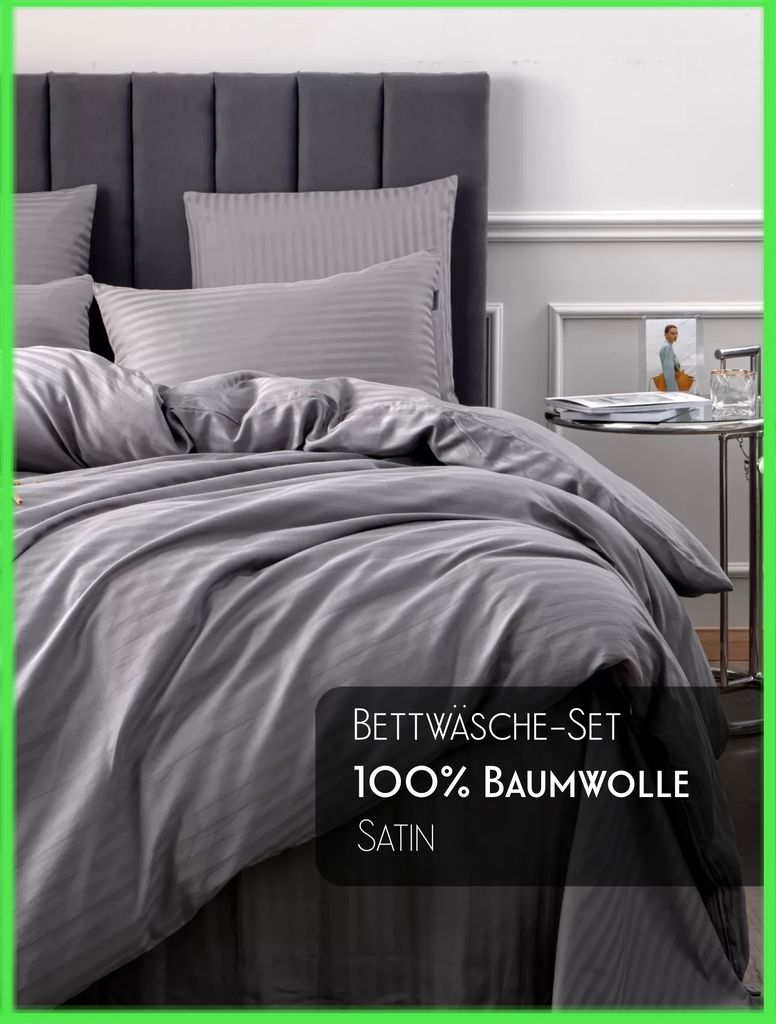 Bettwäsche Set mit Bettlaken - Grau, 6 Teilige Bettbezug,100% Baumwolle, Geschenkverpackung, Stripe Satin 200x220 cm