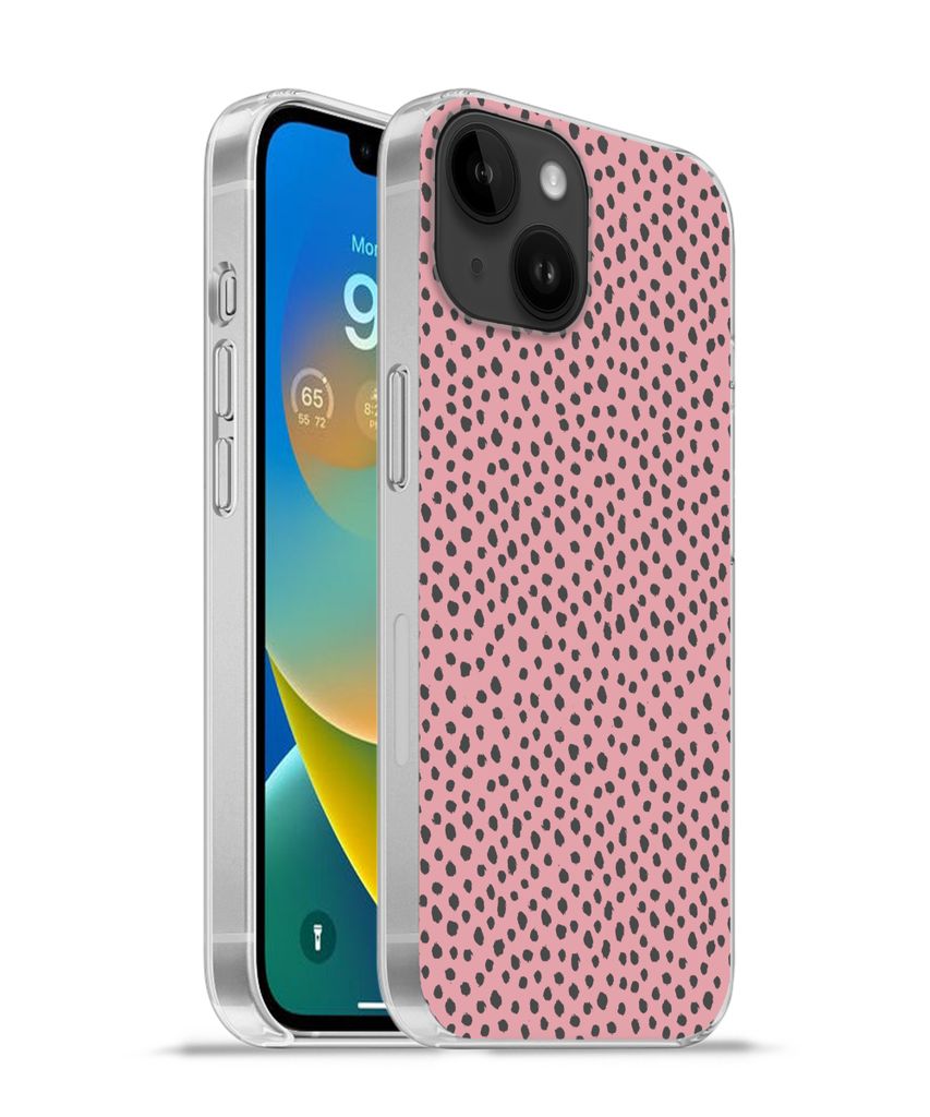 MuchoWow Handyhülle Schutzhülle Hülle für Apple iPhone 14 - Softcase Polka dots - Rosa - Schwarz Silikon Softcase Handy Hülle - Mobiltelefon...