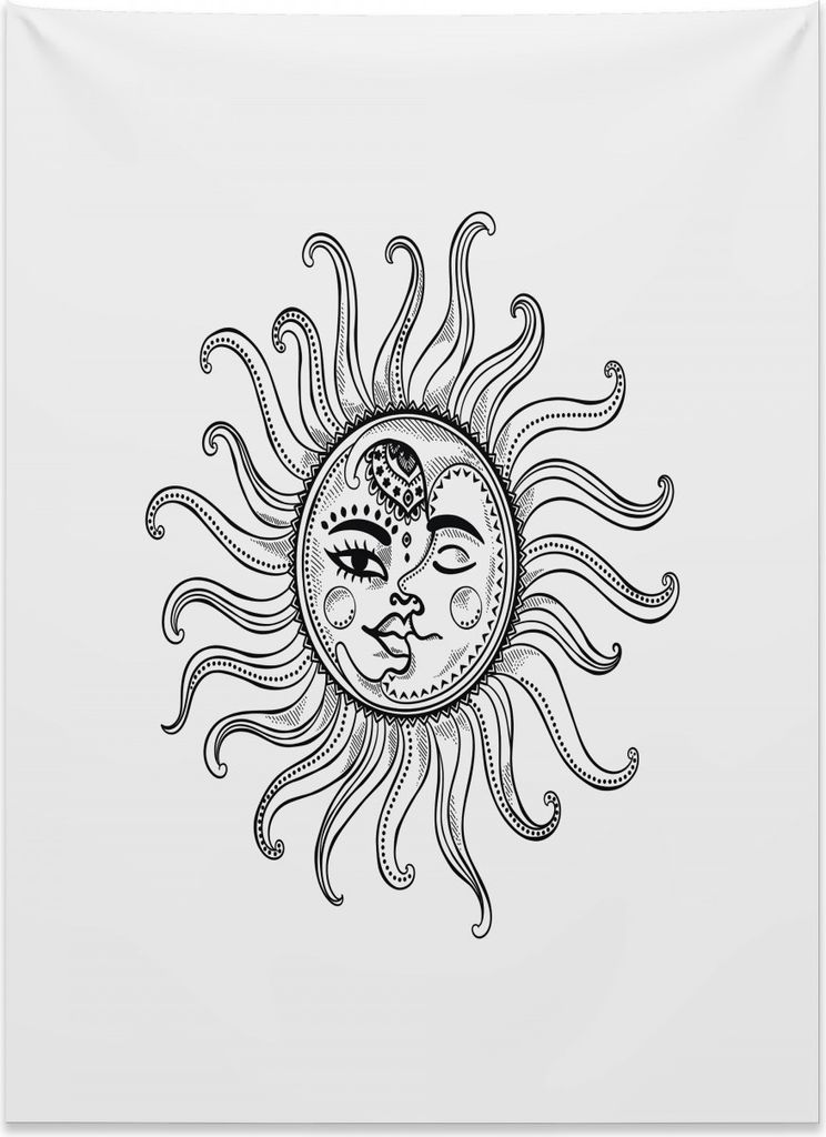 Abakuhaus Sonne Wandteppich, Stammes-Sterne Mond Symbole aus Weiches Mikrofaser Stoff Kein Verblassen Klare Farben Waschbar, 110 x 150 cm, Weiß Sc...