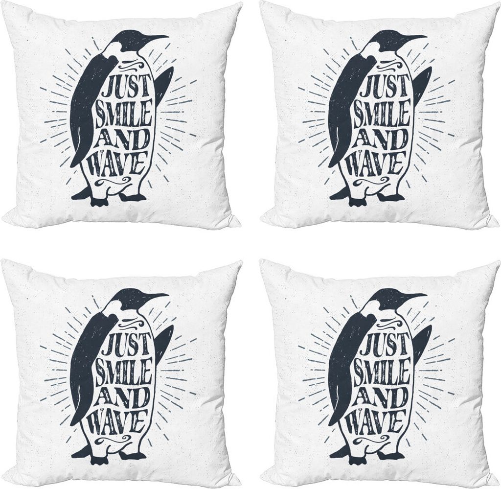 ABAKUHAUS inspirativ Kissenbezug Set (4 Stück), Penguin und Worte, Moderner Doppelseitiger Digitaldruck, 40 cm x 40 cm, Schwarz-Weiss