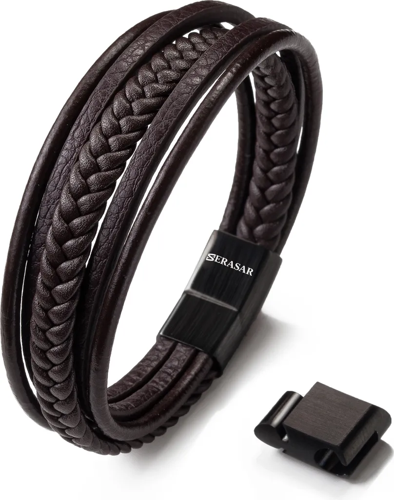 SERASAR Bracciale Artigianale in Pelle - Chiusura Magnetica Marrone