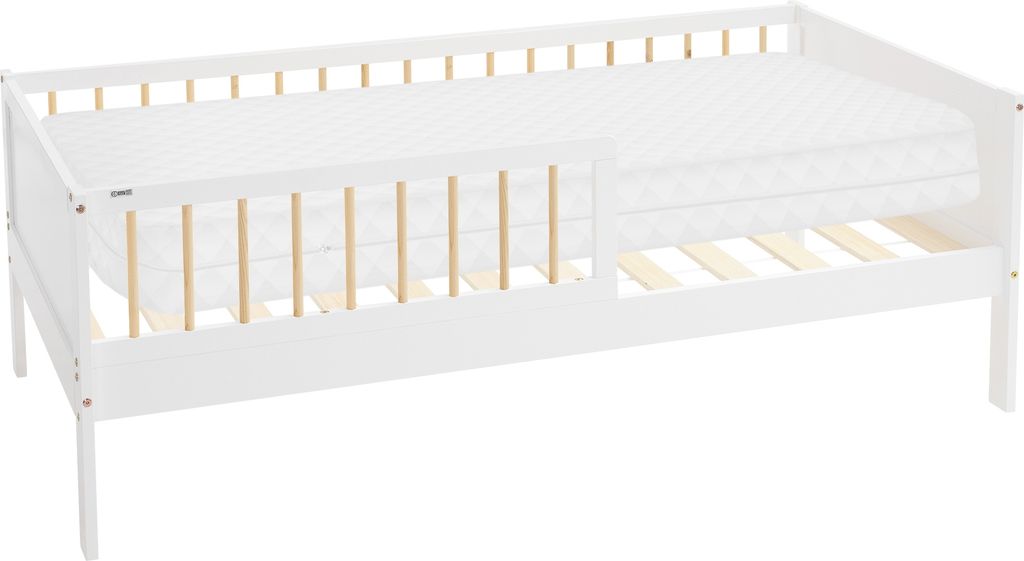 ML-Design Kinderbett mit Matratze, 80x160 cm, Weiß/Natur, Hausbett mit Lattenrost und Rausfallschutz, Massivholz Einzelbett für Kinder, Jungen & ...