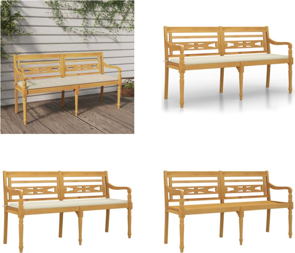 vidaXL Batavia Bank mit Creme Kissen 150 cm Massivholz Teak - Bank - Bänke - Gartenbank - Sitzbank