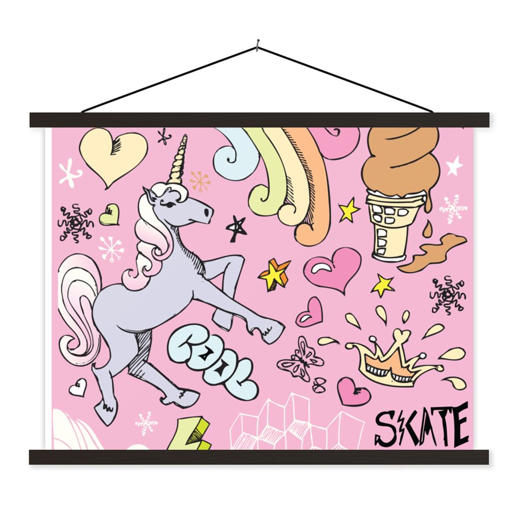 MuchoWow Textilposter Mädchen - Design - Einhorn - Regenbogen - Rosa 120x90 cm mit schwarzem Rahmen - Aufhänger für Poster