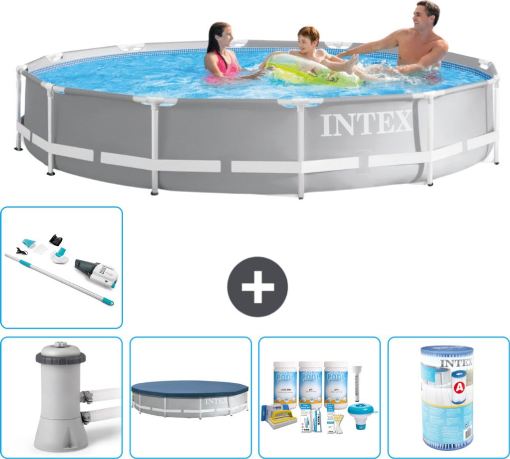 Intex Round Prism Frame Swimming Pool – 366 x 76 cm – Grau – inklusive Pumpe Abdeckung - Wartungspaket - Filter - Staubsauger