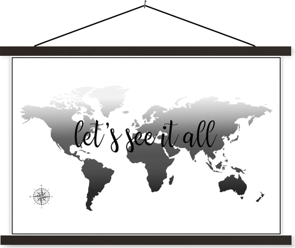 MuchoWow Textilposter Weltkarte mit dem Text "Let's see it all" - schwarz und weiß 150x100 cm mit schwarzem Rahmen - Schlafzimmer