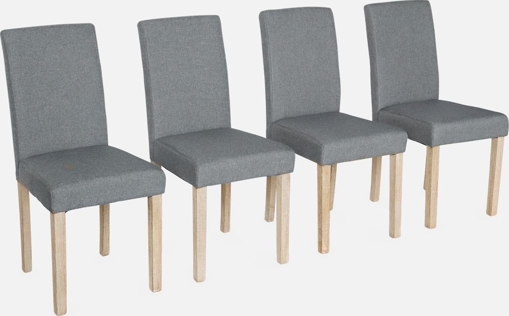 Four gray upholstered dining chairs with light brown wooden legs are arranged in a row against a white background.