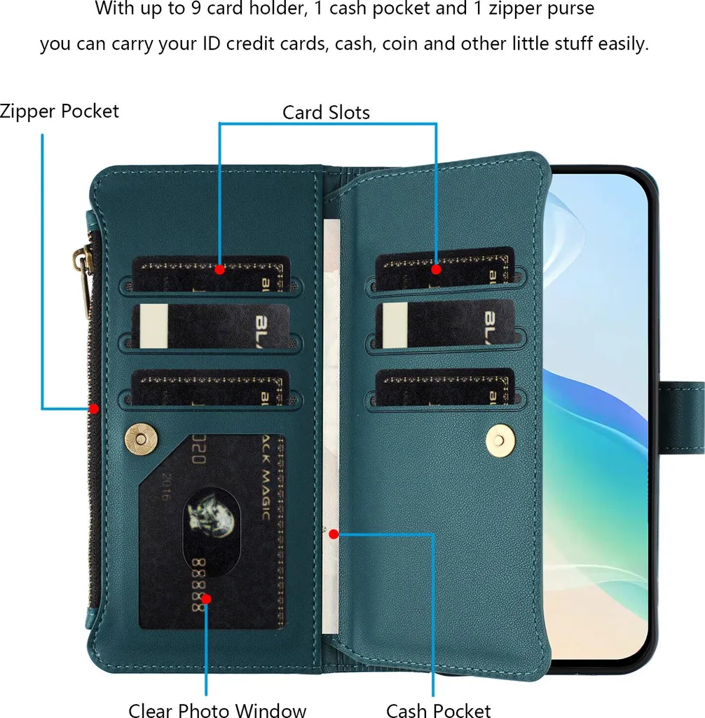Custodia Xiaomi 13 Ultra Verde in Finto Cuoio con Cerniera e Portafoglio - 3