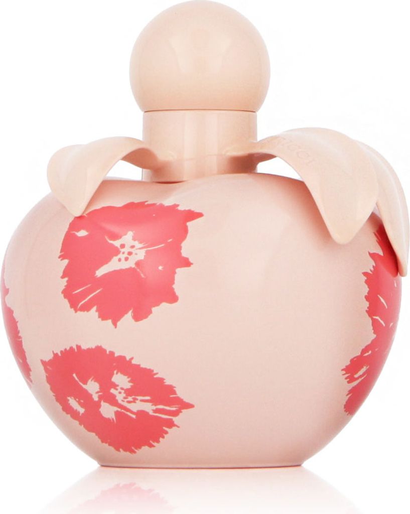 A close-up studio shot of a pink perfume bottle with coral floral patterns.
