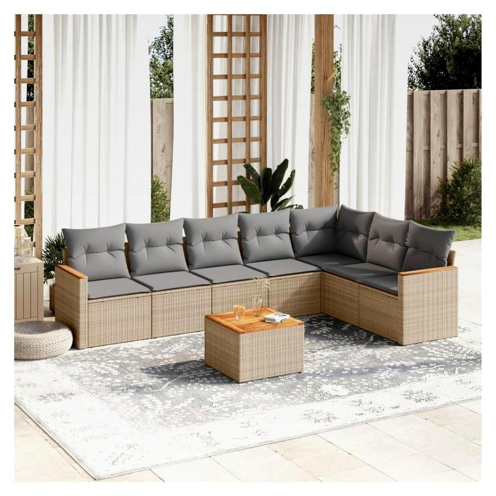 Gartenmöbel-Set mit Kissen, Beige, 8-teilig, PE-Rattan