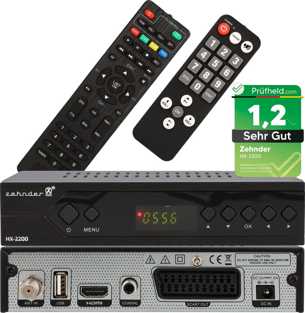 Zehnder HX 2200 Sat Receiver + Senioren Fernbedienung, mit PVR Aufnahmefunktion, HD fähig, Full HD HDMI, Digital TV Sat-Receiver für Satellitensc...
