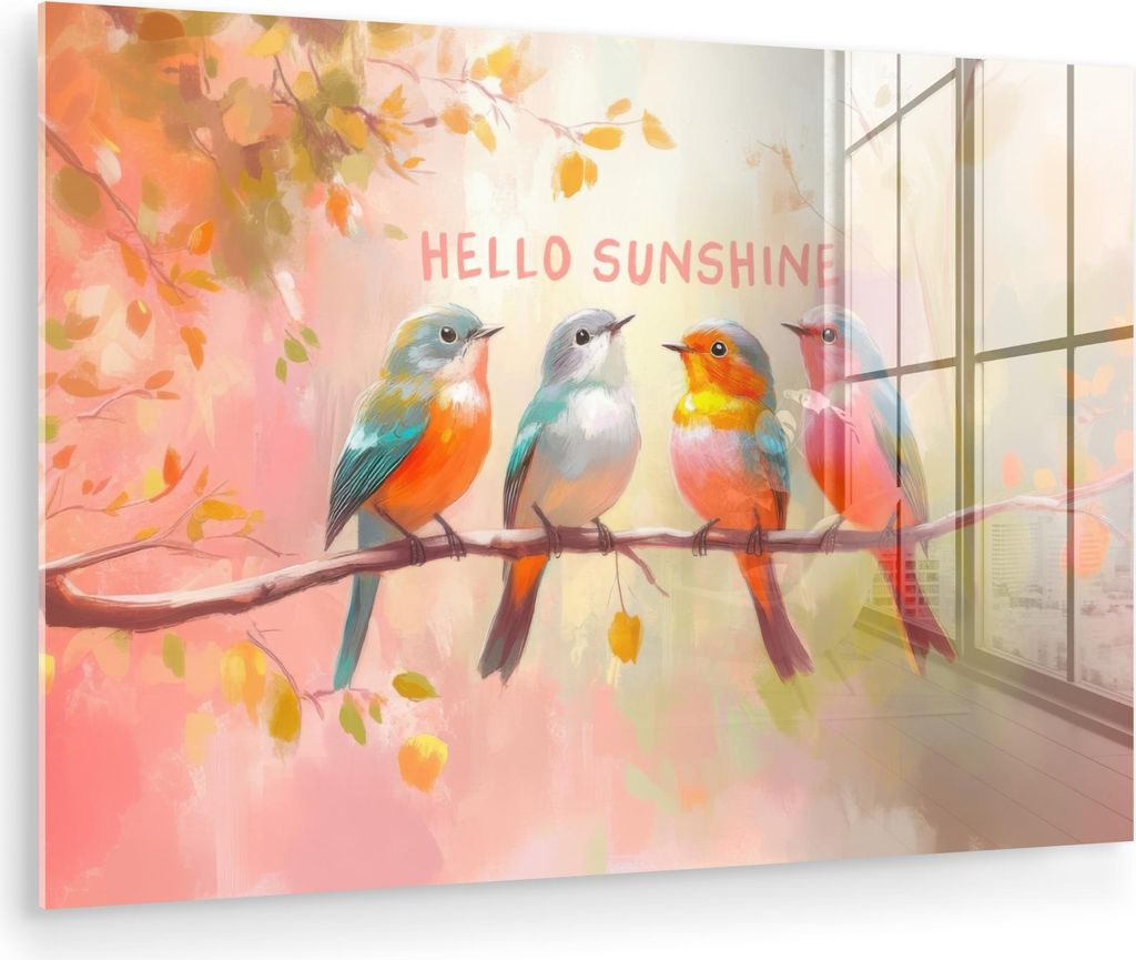 MuchoWow Glasbilder - Bilder auf Wandbild - Foto auf Glas Vögel - Zweig - Zitat - Rosa 120x80 cm Wanddekoration aus Glas - Acrylglasbild - Acrylbi...