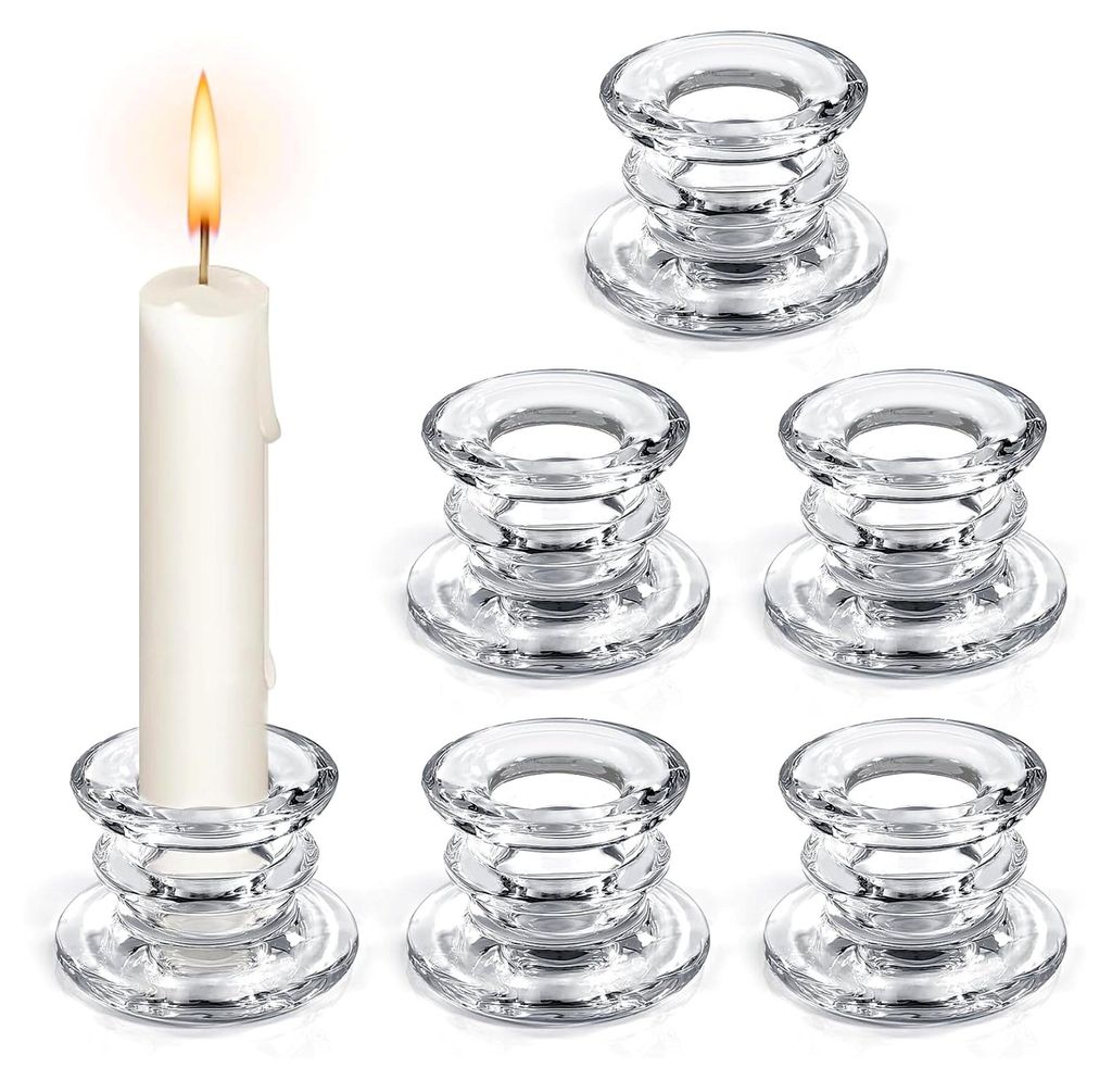 6 Stück Glas Kerzenhalter für Stabkerzen, geeignet für Hochzeit, Weihnachten und Partys (Transparent)