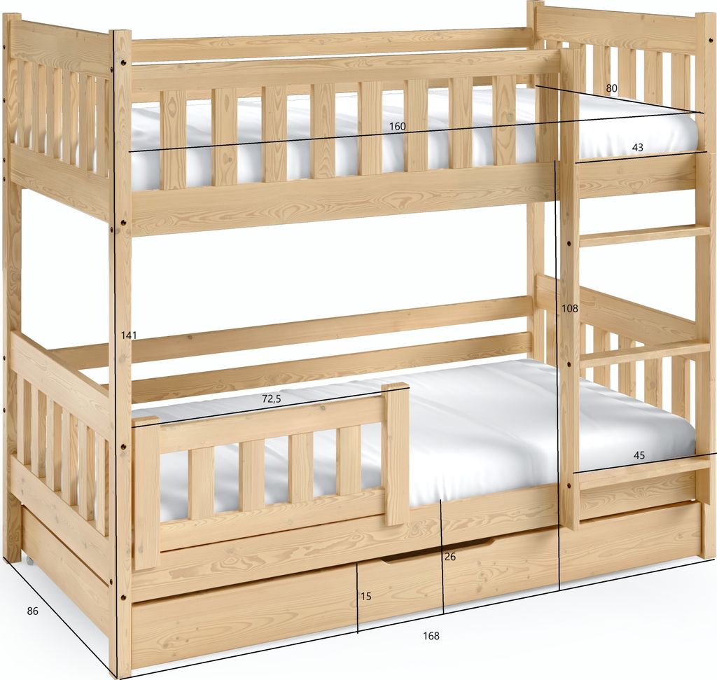 Masseno Etagenbett LUCIA 80x160 cm mit Rausfallschutz, Produktbild 3