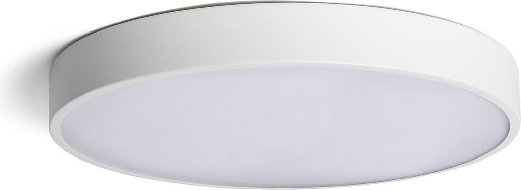 A white, round LED ceiling light is shown against a white background.