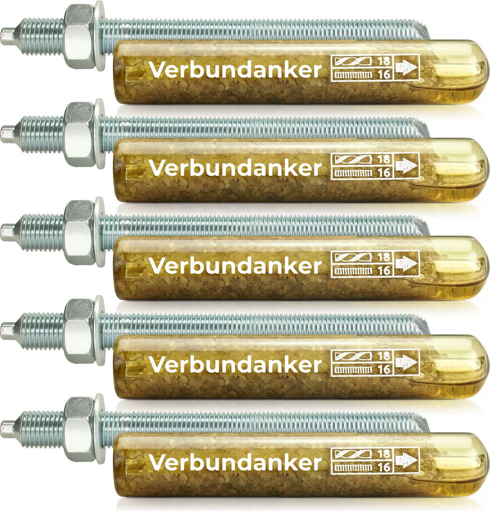 Isolbau Verbundanker Set - Verbundankerpatrone styrolfrei V16 + Ankerstange verzinkt M16 x 260 - ETA/ETAG Zulassung - 5 Stück