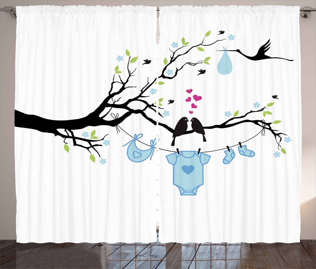 ABAKUHAUS Baum Rustikaler Vorhang, Vögel Kinderbekleidung, Wohnzimmer Universalband Gardinen mit Schlaufen und Haken, 280 x 245 cm, Lindgrün Hell...
