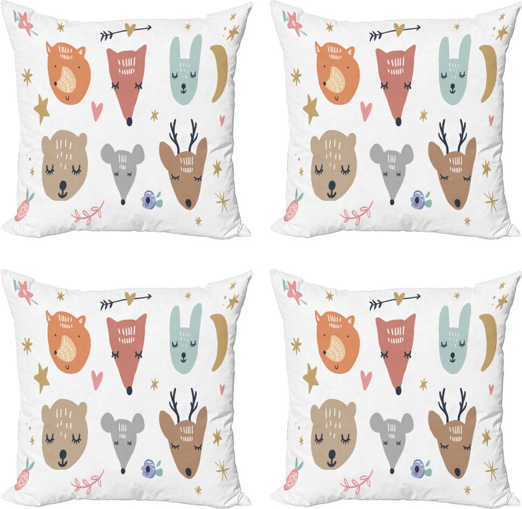 ABAKUHAUS Kindergarten Kissenbezug Set (4 Stück), Scandinavian Tiere, Moderner Doppelseitiger Digitaldruck, 45 cm x 45 cm, Mehrfarbig
