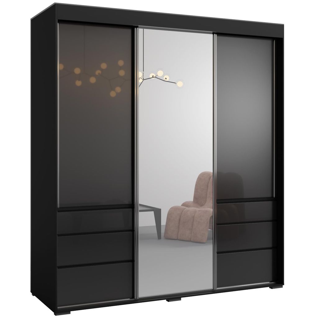 Schiebetürenschrank mit Schubladen und Spiegel Torino 3D1L 180 Schwarz (Lacobel)