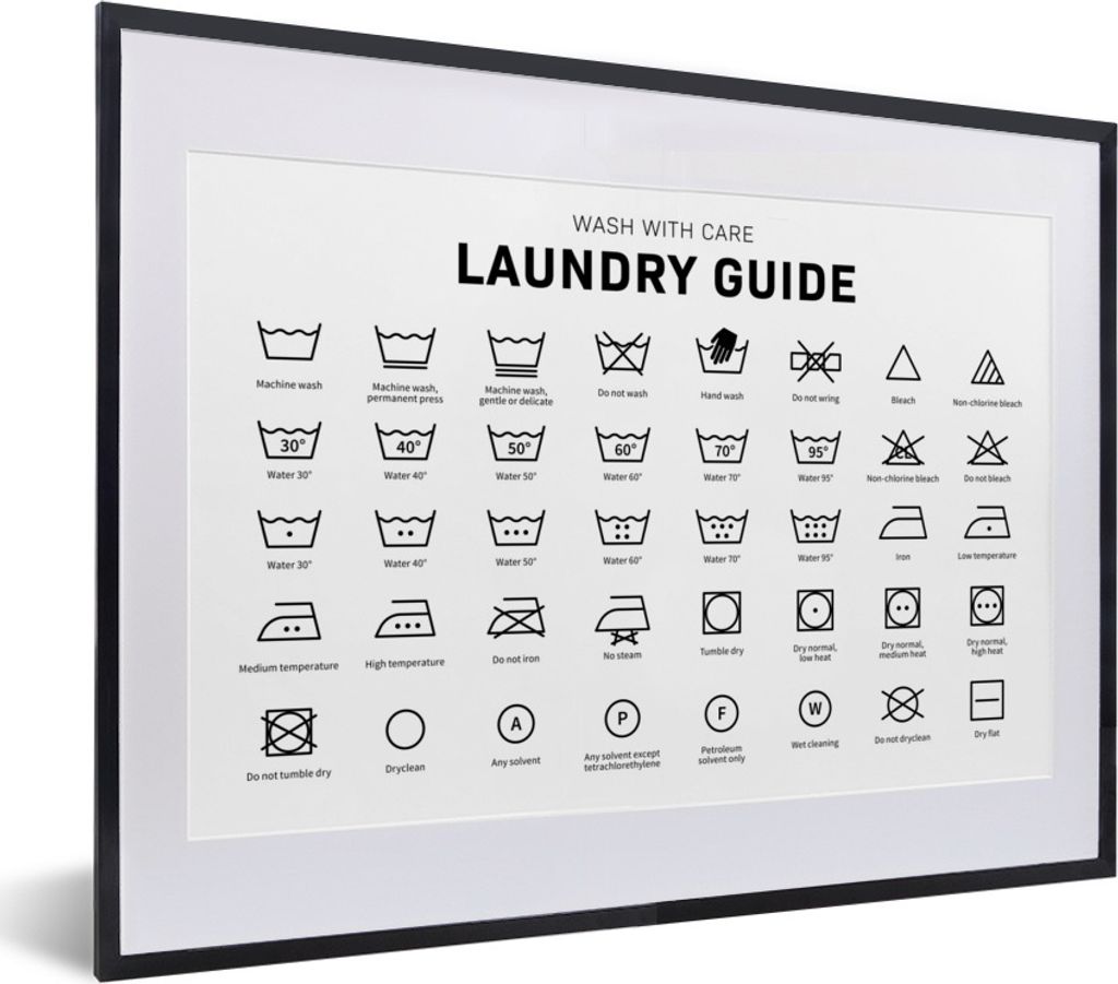 MuchoWow Gerahmtes Poster Wäschesymbole - Wäscheetiketten - Waschanleitung 40x30 cm - Poster mit Schwarzem Bilderrahmen Wandposter Rahmen Foto ...