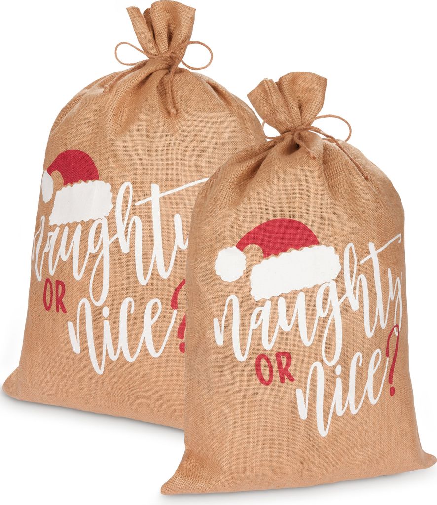 BRUBAKER Weihnachtssack Naughty or nice - 80 cm Geschenksack Weihnachten - Nikolaussack Jutebeutel Sack, 2 Stück