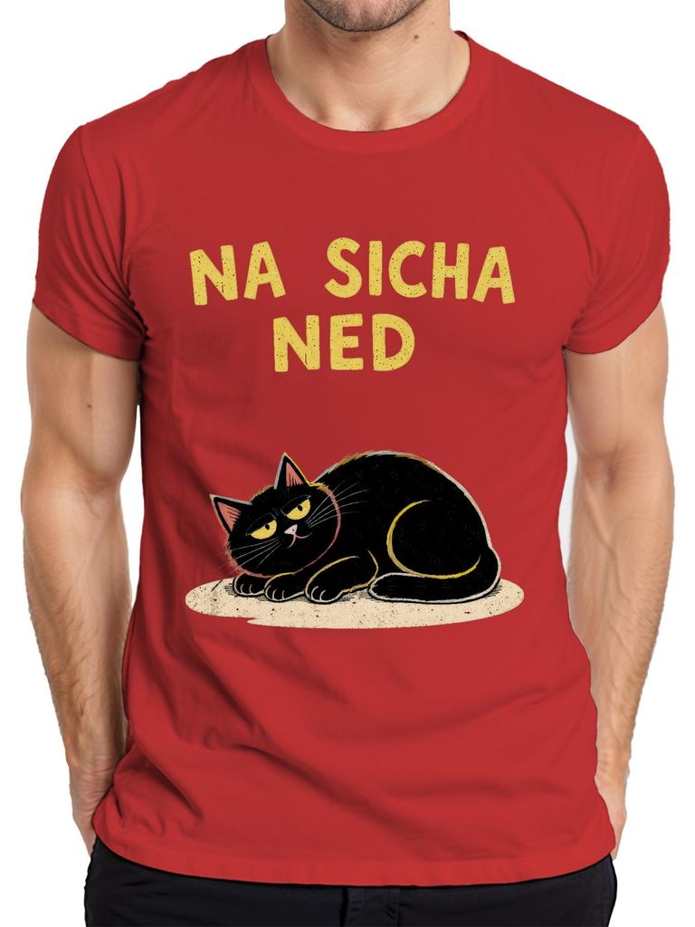 NA SICHA NED schwarze Katze gelbe Augen sarkastisch Retro Herren T-Shirt, Rot, M