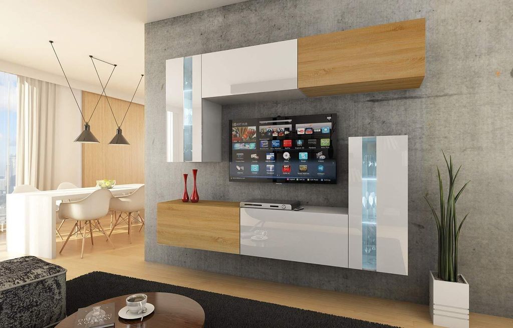 FURNITECH Wohnwand Wohnzimmer - Hängend Wohnwand Modern - Regale und TV Schrank - Wohnzimmer Möbel ohne LED (Future C30-HGM-WD-51 1A - 203cm)